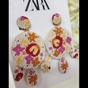 Zara White Multicolor Beaded Floral Drop Earrings